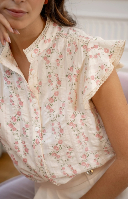Cămașă damă cu imprimeu floral roz și volane la mâneci [3]