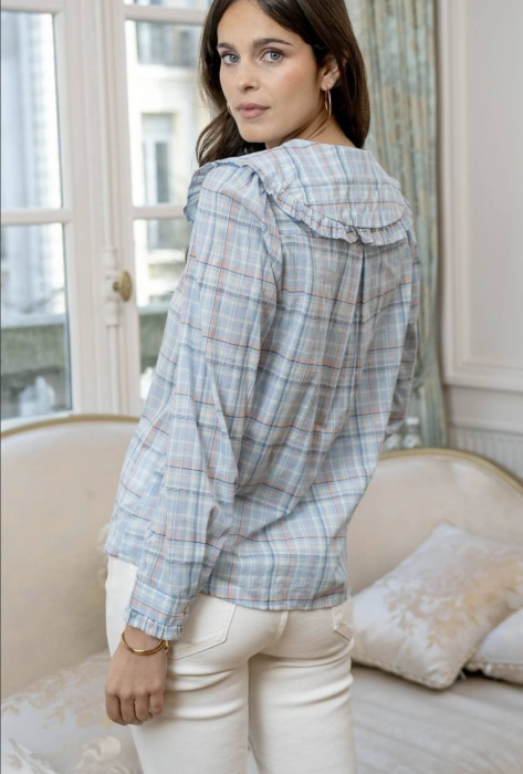 Cămașă damă în carouri pastel cu guler amplu cu volane [4]