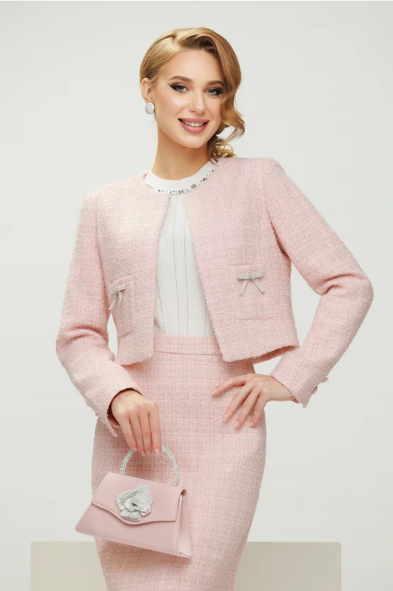 Fusta eleganta midi din tweed roz premium si captuseala satinata [3]