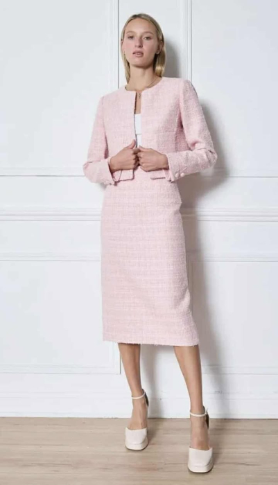 Fusta eleganta midi din tweed roz premium si captuseala satinata [2]