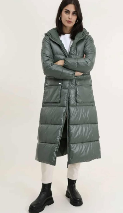 Geacă lungă matlasată cu glugă nedetașabilă – verde închis [2]