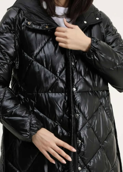 Geacă lungă matlasată cu glugă și cordon – Negru lucios [2]