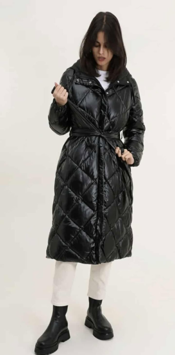 Geacă lungă matlasată cu glugă și cordon – Negru lucios [4]