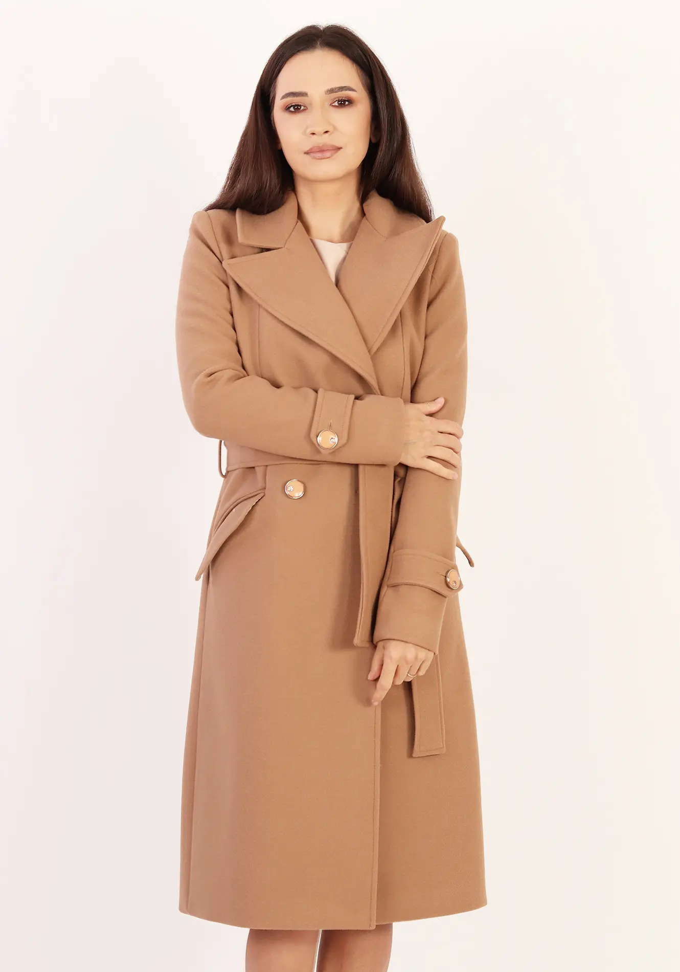 Palton elegant camel cu rever ascuțit și cordon în talie [2]