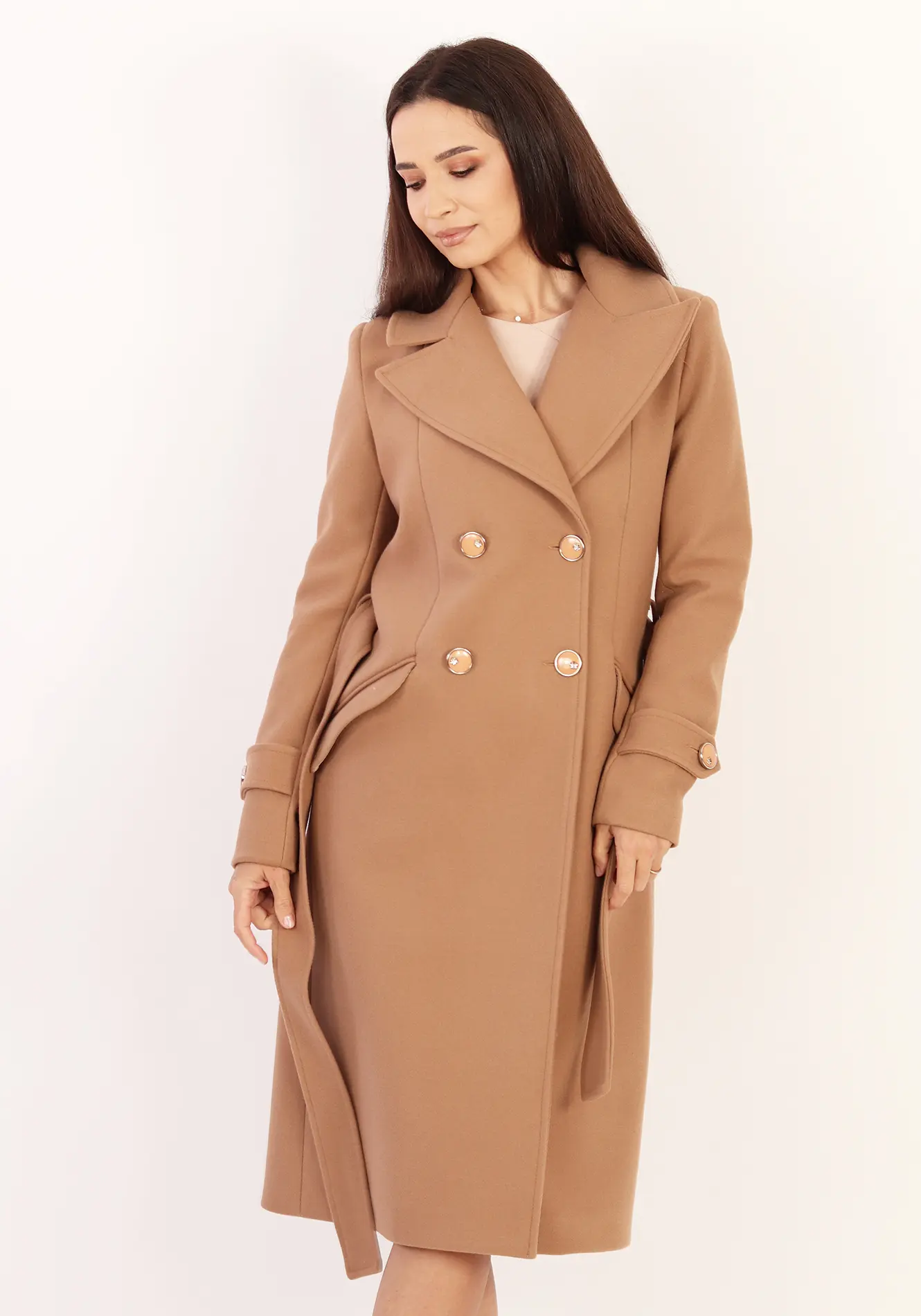 Palton elegant camel cu rever ascuțit și cordon în talie [3]