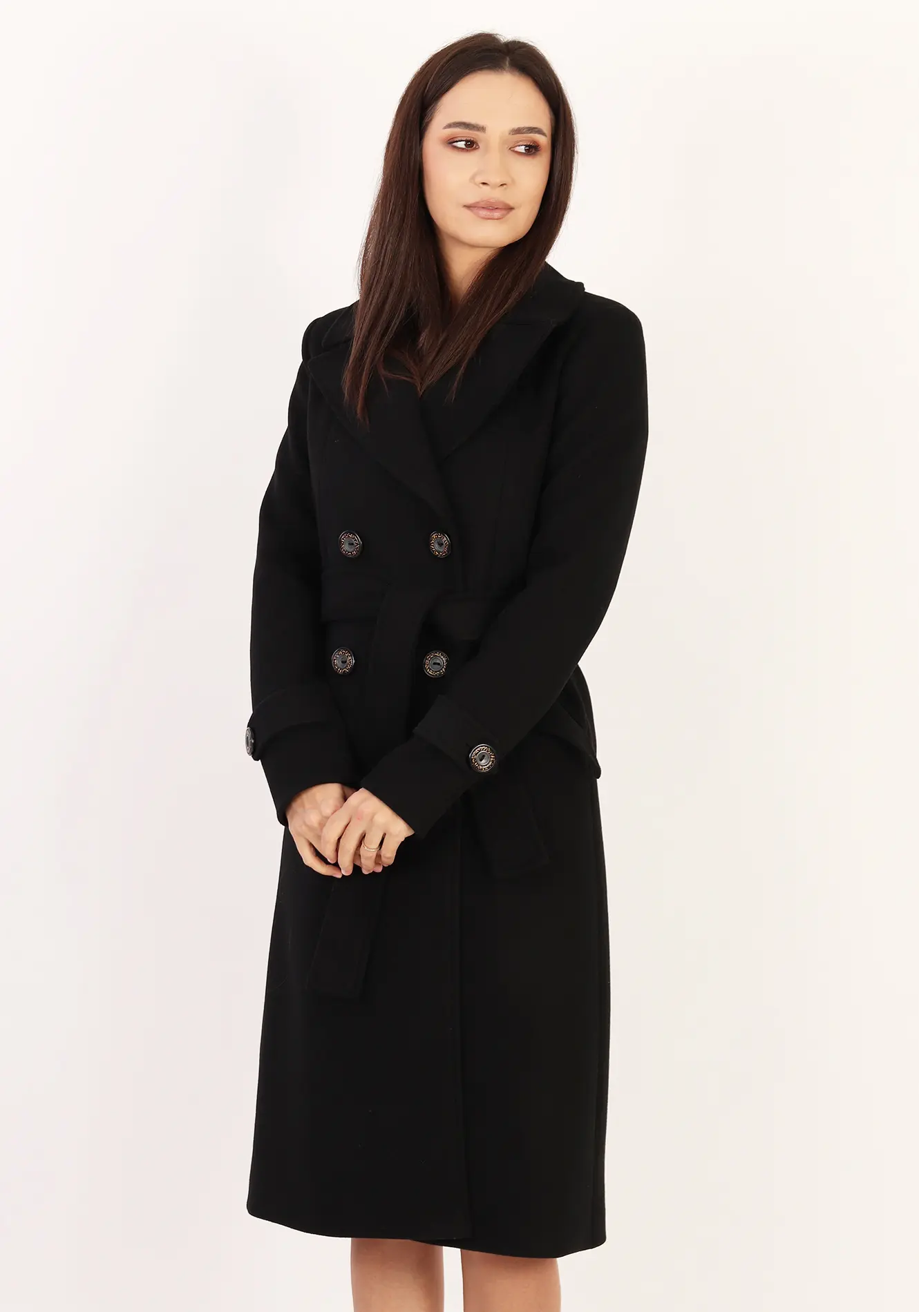 Palton elegant negru cu rever ascuțit și cordon în talie [2]