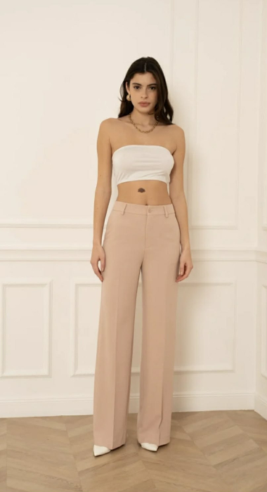 Pantaloni damă eleganți roz pal talie înaltă, croială wide leg [2]