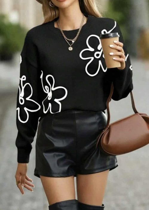 Pulover negru cu imprimeu floral alb aplicat [2]