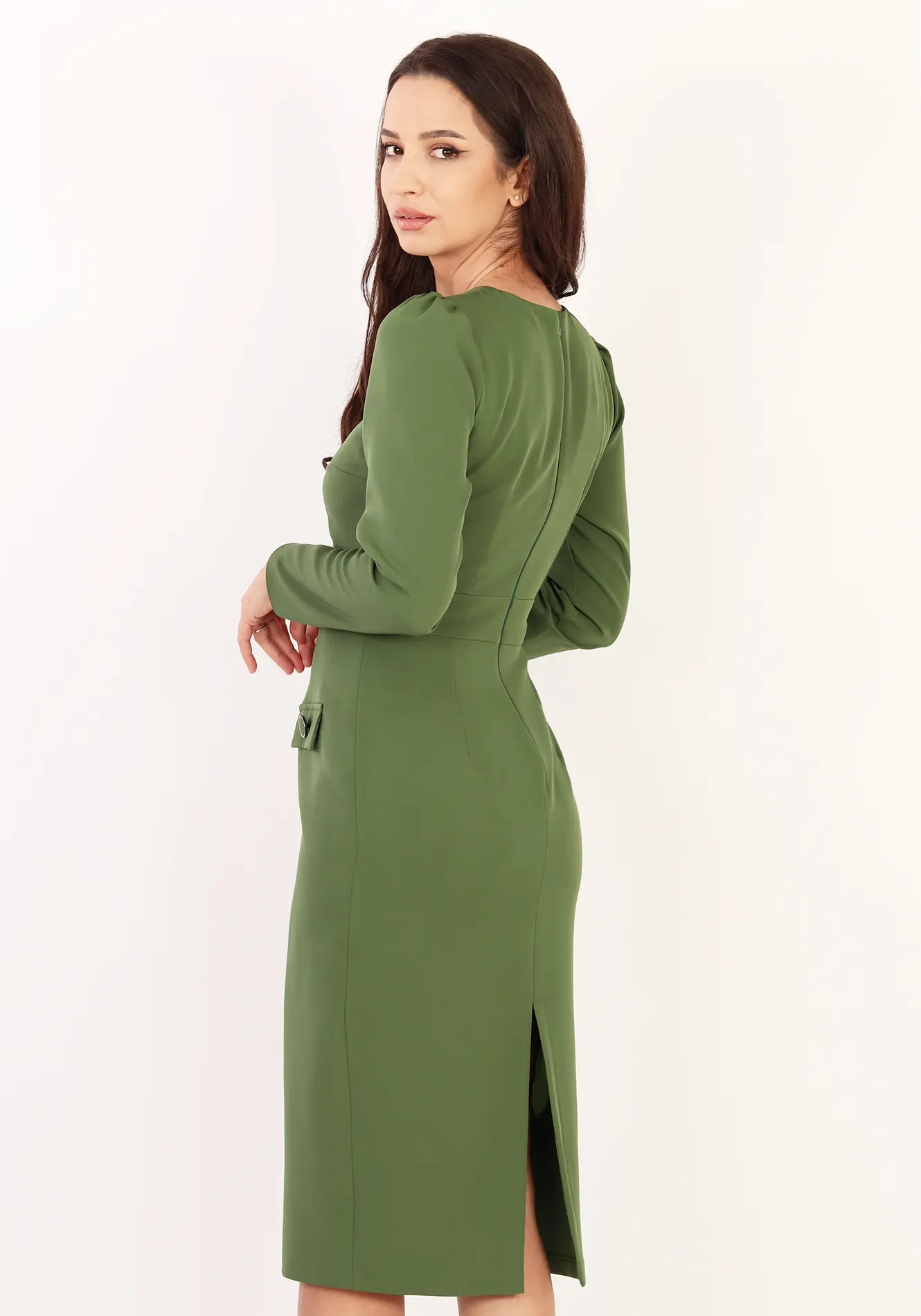 Rochie conică midi verde cu nasturi decorativi [4]