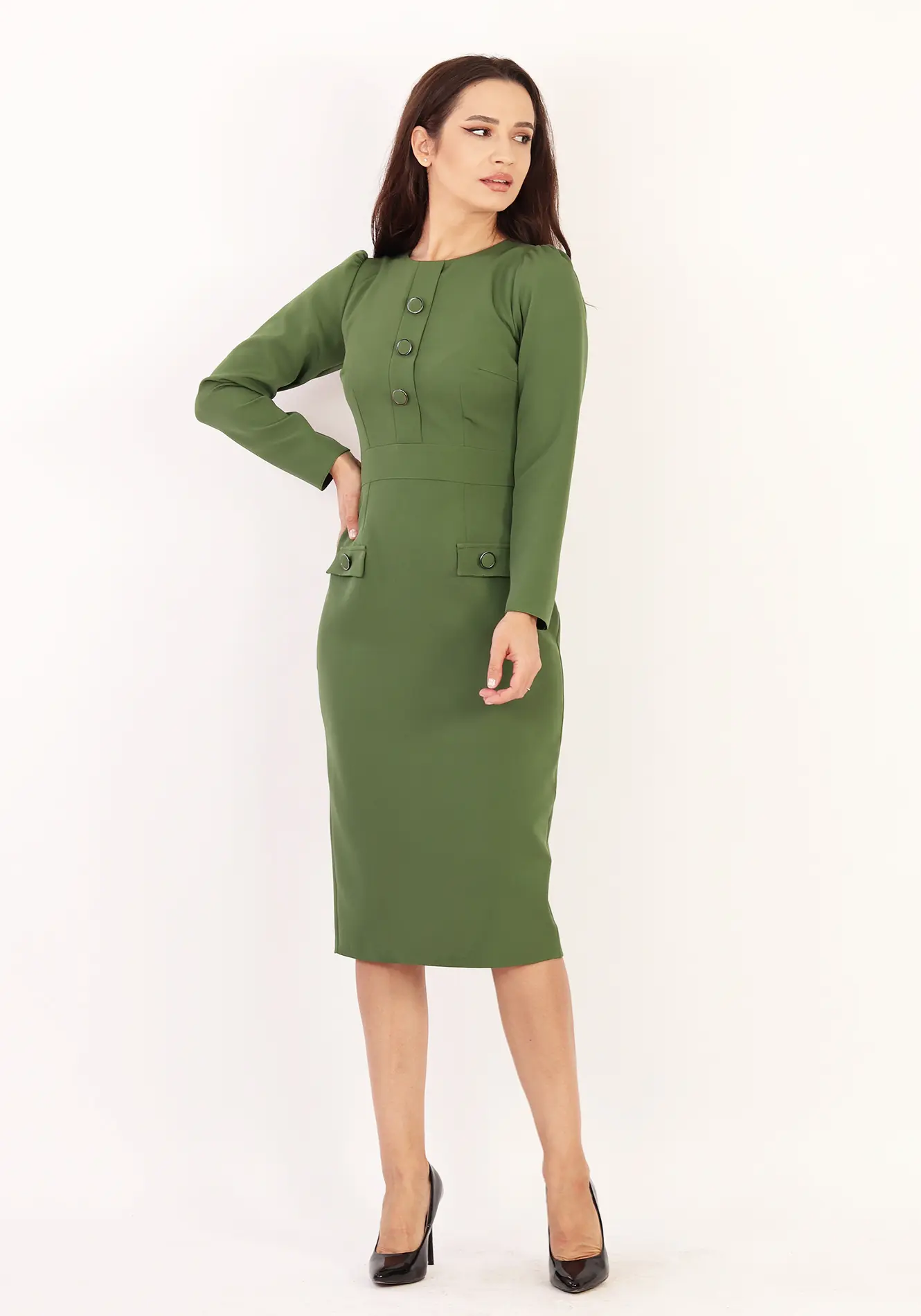Rochie conică midi verde cu nasturi decorativi [3]