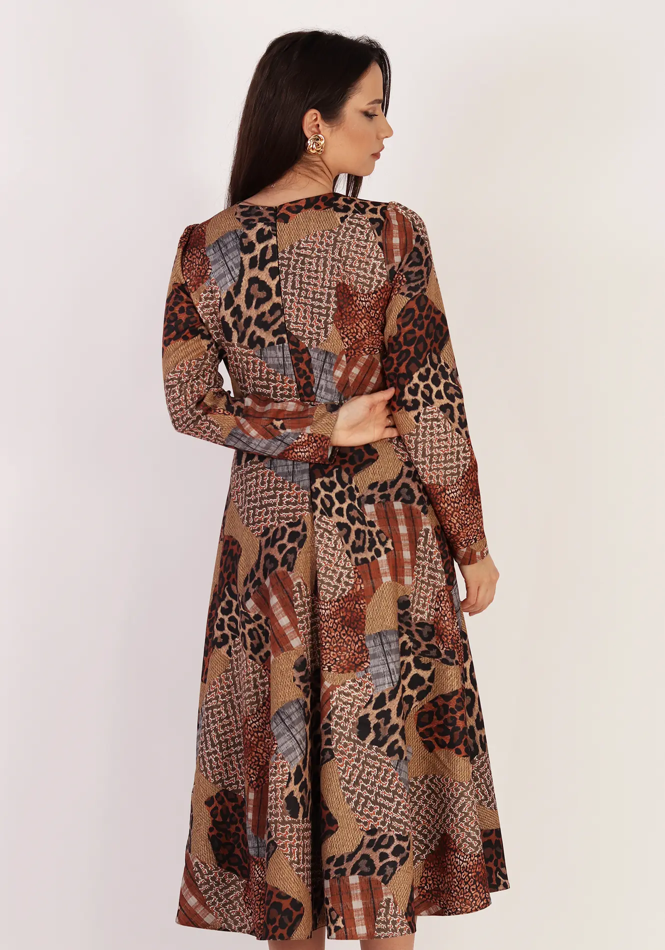 Rochie damă midi, clos, imprimeu patchwork animal print, cappuccino [3]