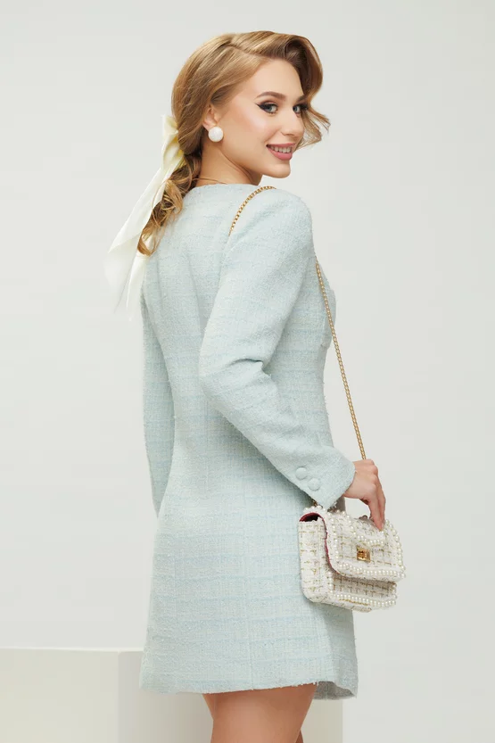 Rochie eleganta din tweed bleu premium cu buzunare aplicate si nasuri imbracati [3]