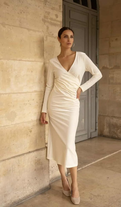 Rochie elegantă midi, cu decolteu în V și mâneci lungi [3]