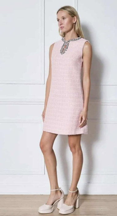 Rochie eleganta retro din tweed roz premium cu contururi din perle, paiete si cristale argintii [2]