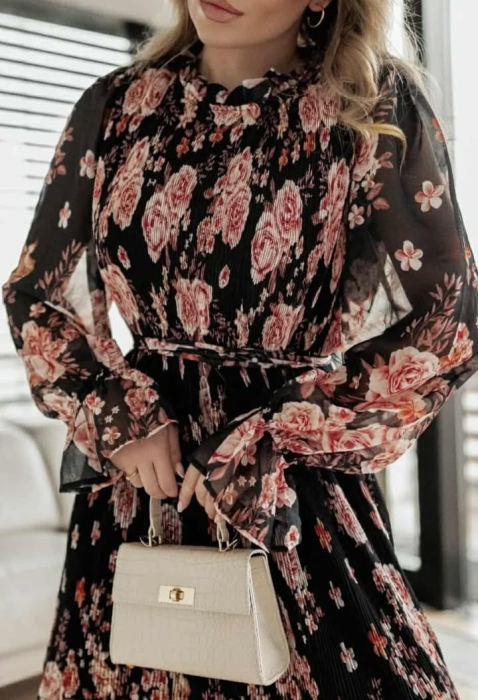 Rochie midi elegantă neagră cu imprimeu floral roz și mâneci lungi [2]