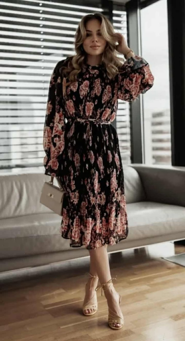 Rochie midi elegantă neagră cu imprimeu floral roz și mâneci lungi [3]