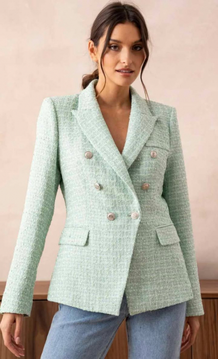 Sacou verde menta din tweed premium cu nasturi metalici [3]