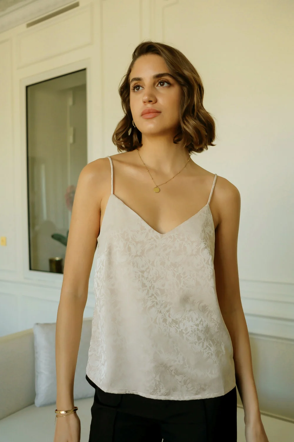 Top ivory cu imprimeu si insertii dantela [4]