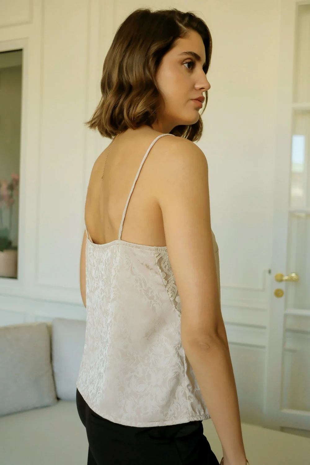 Top ivory cu imprimeu si insertii dantela [3]