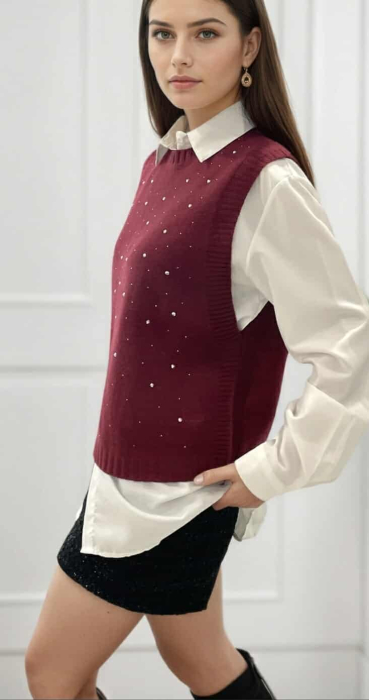 Vesta tricot bordo cu pietre aplicate [2]