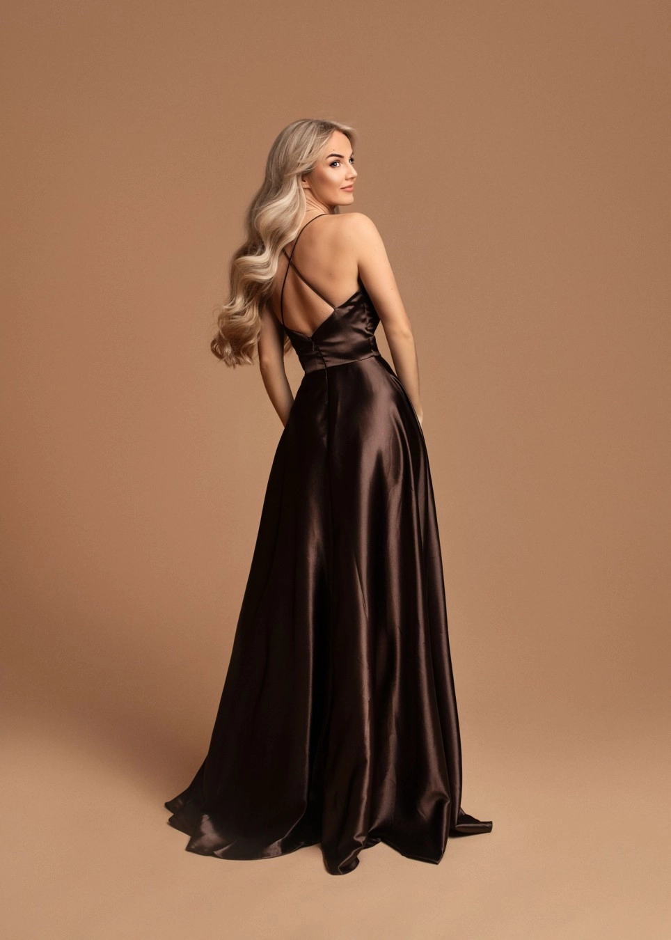 Rochie eleganta din satin plin, culoare maro inchis, Doriane [1]