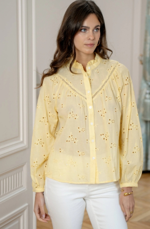 Camasi - Cămașă damă galben pal cu broderie și mâneci bufante