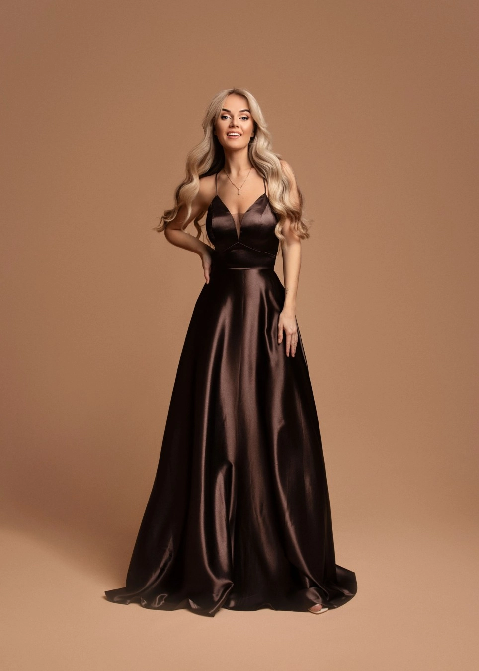 Rochie eleganta din satin plin, culoare maro inchis, Doriane [0]