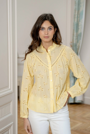 Cămașă damă galben pal cu broderie și mâneci bufante [2]