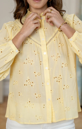 Cămașă damă galben pal cu broderie și mâneci bufante [1]