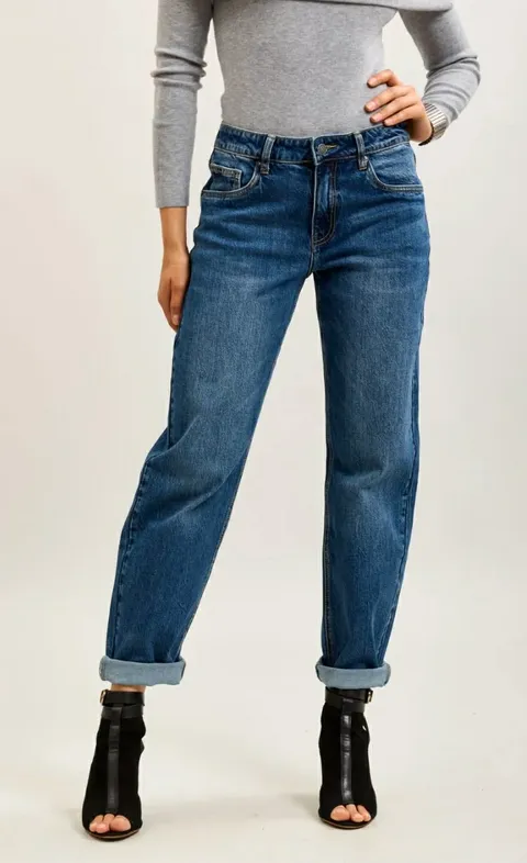 Blugi - Blugi damă Mom Fit, talie medie, albastru denim