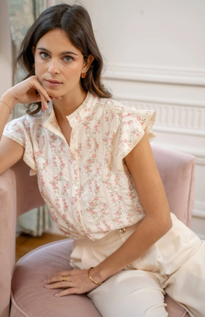 Camasi - Cămașă damă cu imprimeu floral roz și volane la mâneci