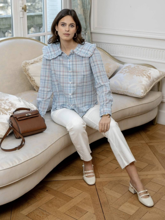 Cămașă damă în carouri pastel cu guler amplu cu volane [4]