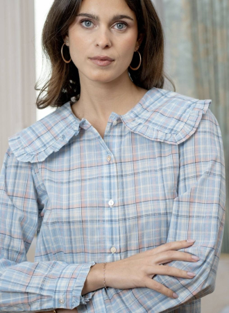 Camasi - Cămașă damă în carouri pastel cu guler amplu cu volane