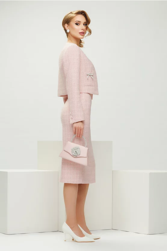 Fuste - Fusta eleganta midi din tweed roz premium si captuseala satinata