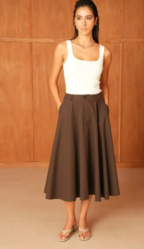 Femei - Fustă midi maro, elegantă și feminină