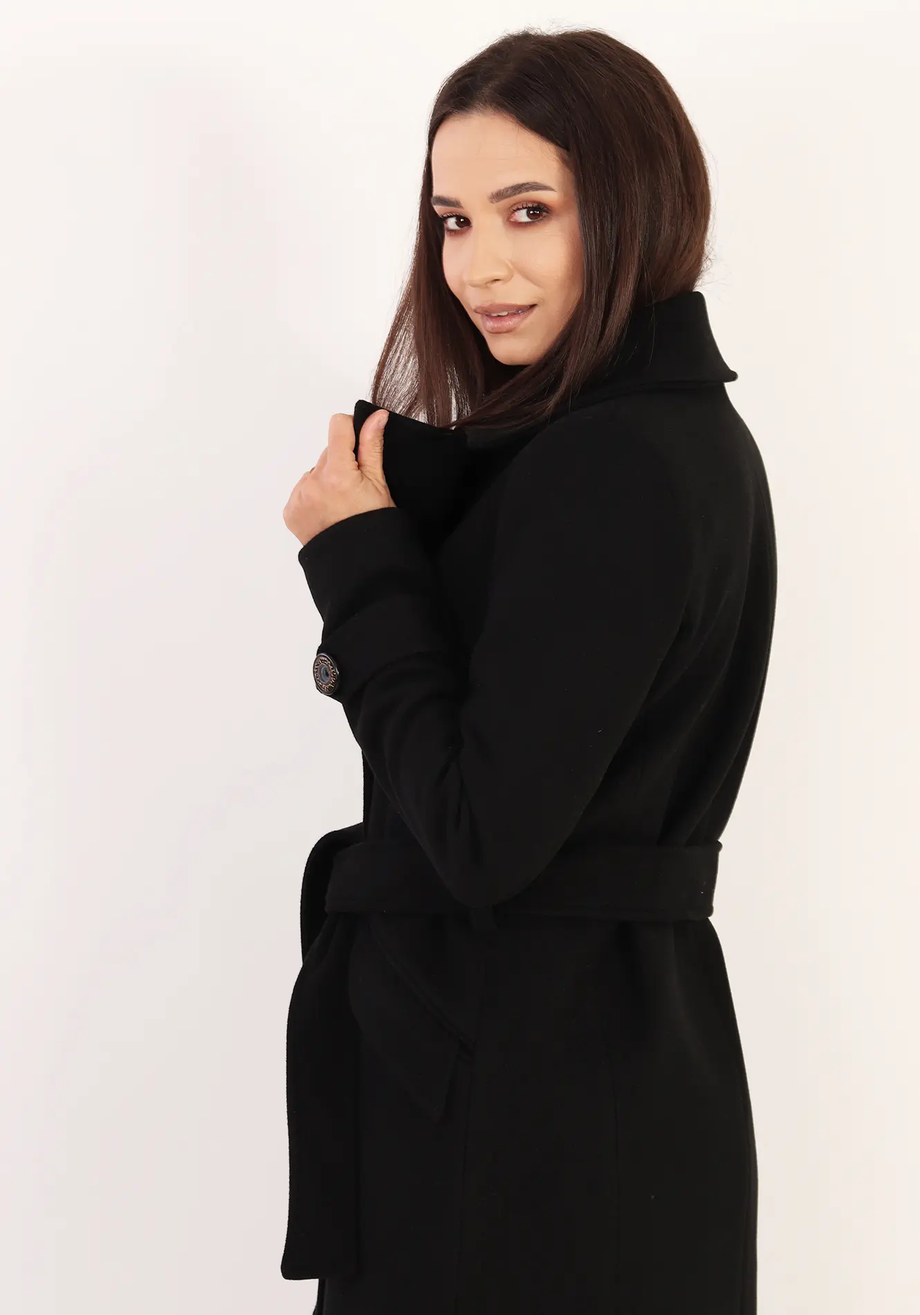 Palton elegant negru cu rever ascuțit și cordon în talie [2]