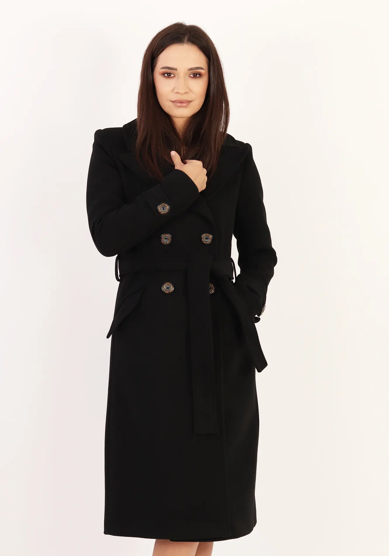 Palton elegant negru cu rever ascuțit și cordon în talie [3]