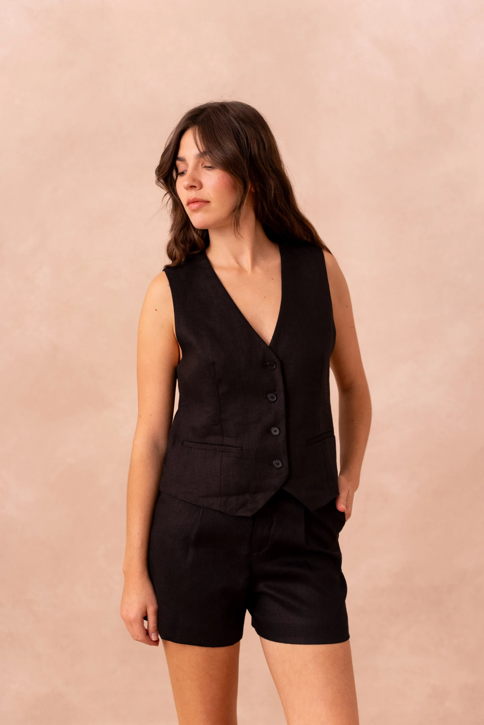 Pantaloni dama negru scurti din in [3]