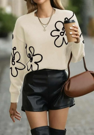 Pulovere - Pulover crem cu aplicatii florale negre