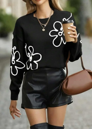 Pulover negru cu imprimeu floral alb aplicat [1]
