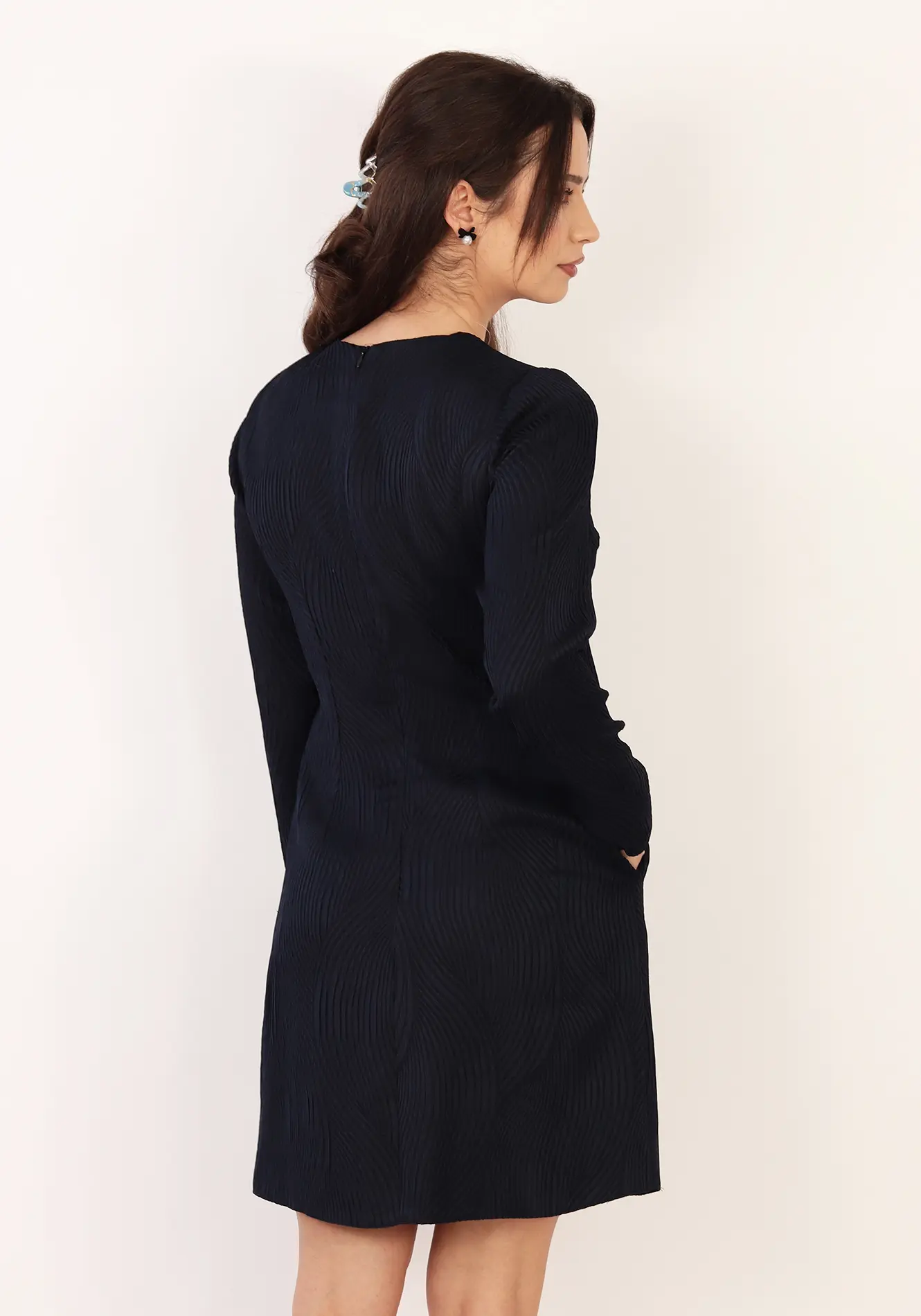 Rochie elegantă bluemarin cu fundă la gât – croi lejer [3]