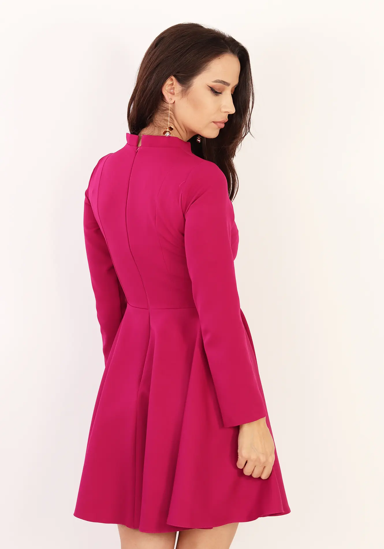 Rochie elegantă clos fucsia cu mâneci lungi și fundă la gât [1]