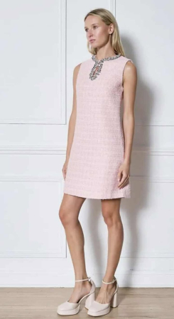 Rochie eleganta retro din tweed roz premium cu contururi din perle, paiete si cristale argintii [1]