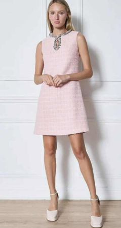 Imbracaminte - Rochie eleganta retro din tweed roz premium cu contururi din perle, paiete si cristale argintii