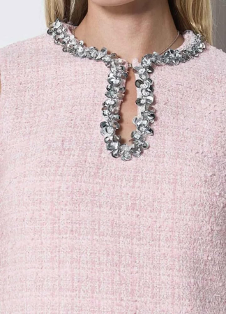 Rochie eleganta retro din tweed roz premium cu contururi din perle, paiete si cristale argintii [2]