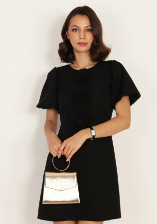 Rochii - Rochie evazata cu trandafiri decorativi Negru