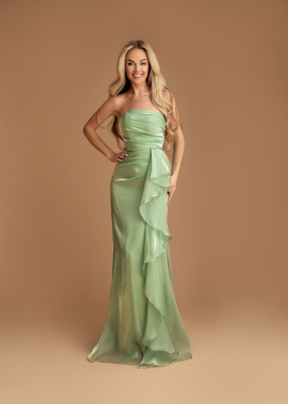 Femei - Rochie lungă elegantă verde pastel, tip sirenă, cu volane asimetrice