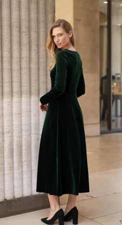 Rochie midi din catifea verde cu maneca lunga [2]