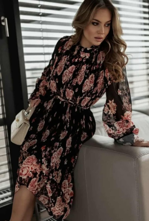 Rochii - Rochie midi elegantă neagră cu imprimeu floral roz și mâneci lungi