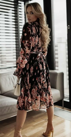 Rochie midi elegantă neagră cu imprimeu floral roz și mâneci lungi [3]